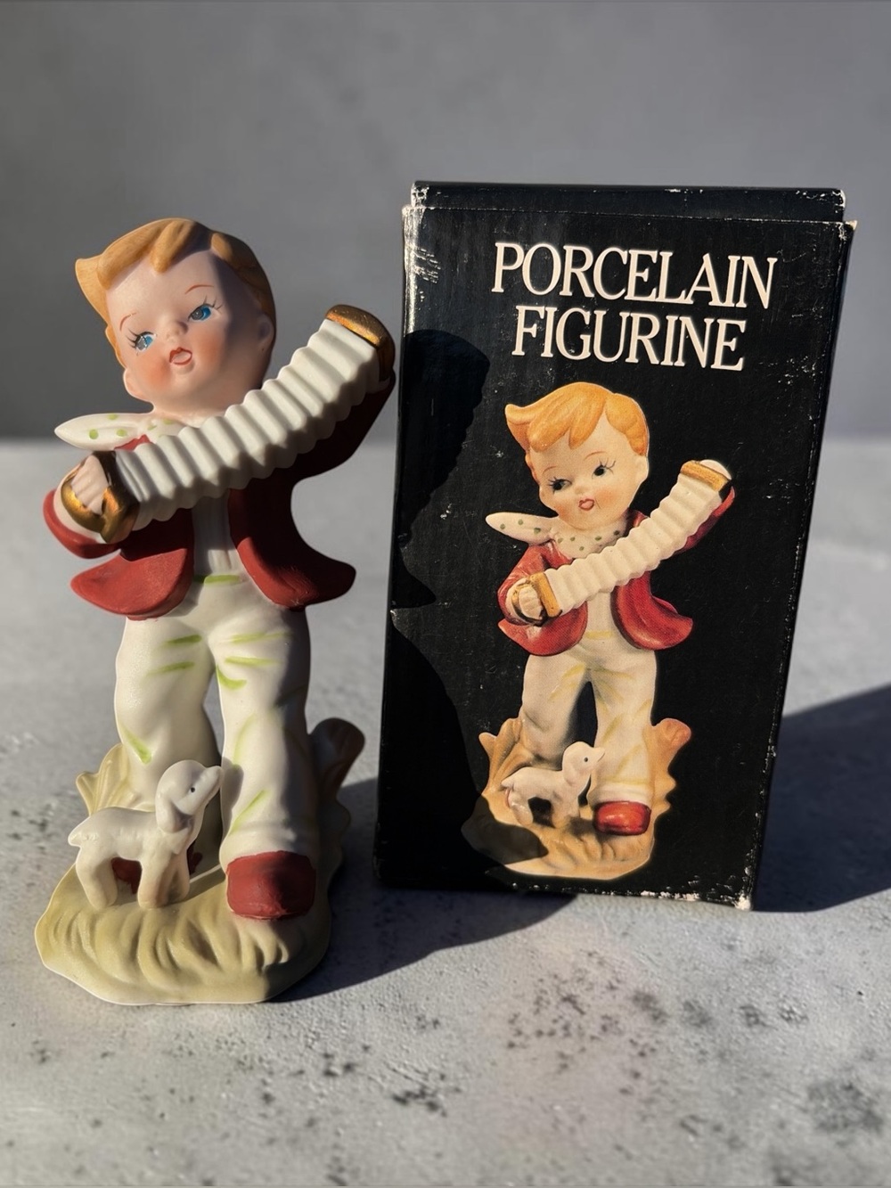 VINTAGE BISQUE PORCELAIN BOY WITH ACCORDION & LAMB FIGURINE MADE IN KOREA